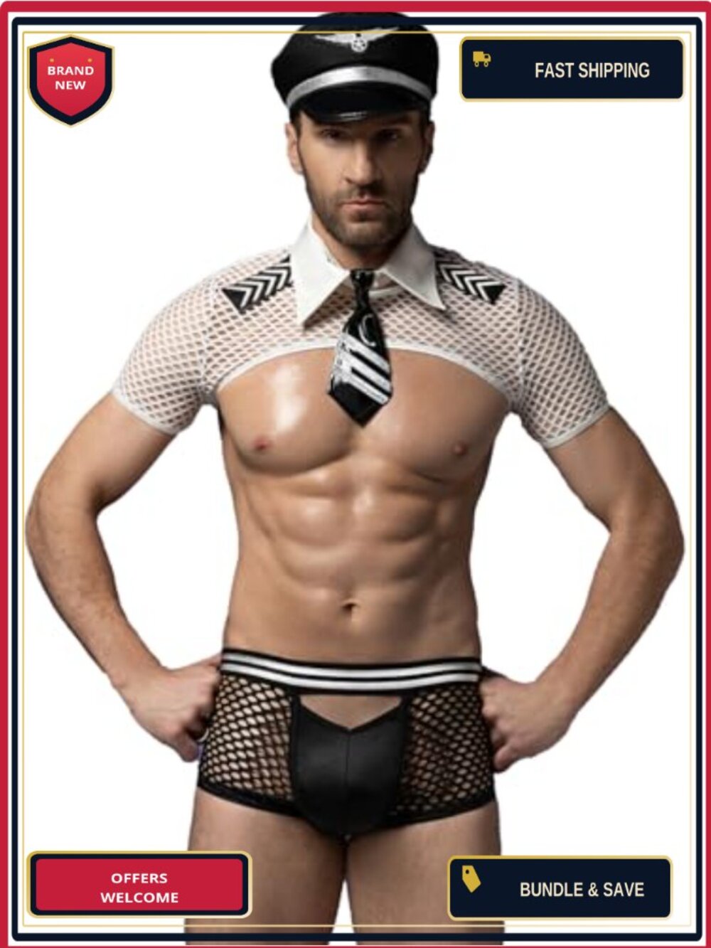 Men's Sexy Pilot Costume Mesh Crop Top Hot Pants Tie Hat 4-Piece Set